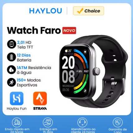 Smartwatch Haylou Watch Faro com pulseira preta, exibindo mostrador digital colorido com hora, data e ícones de monitoramento em uma tela retangular de 2,01 polegadas.