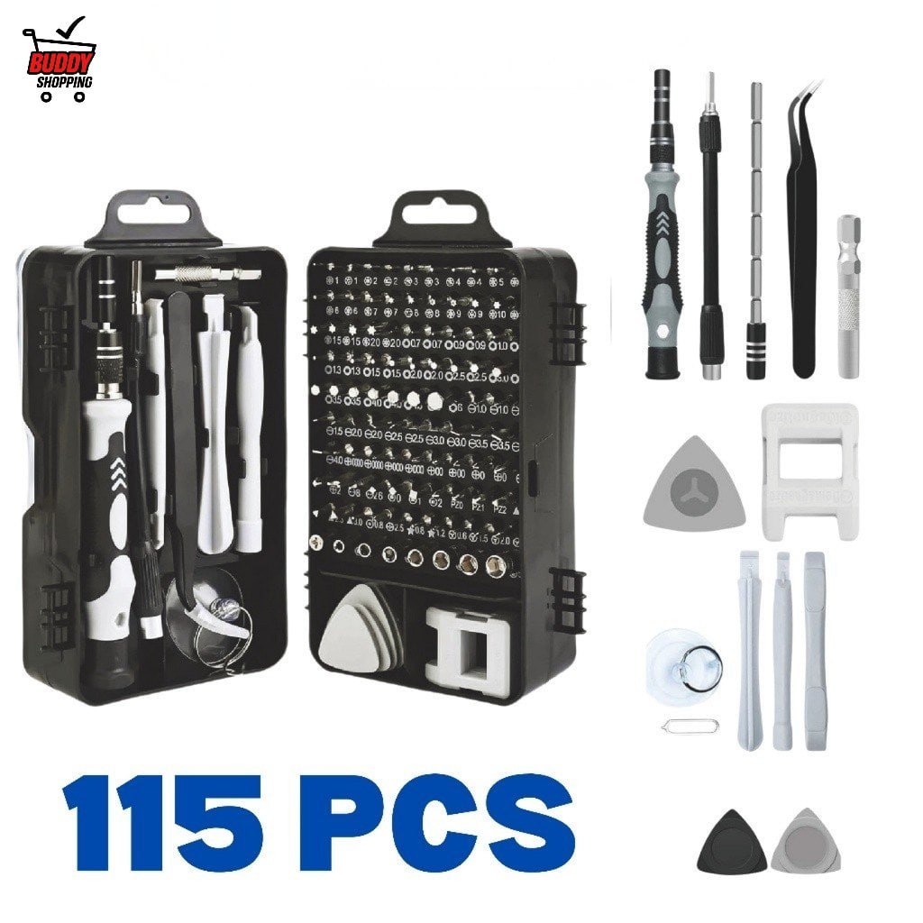 Kit de ferramentas de precisão Luatek 115 em 1 com estojo aberto exibindo diversas pontas, cabos, pinças e acessórios de manutenção.