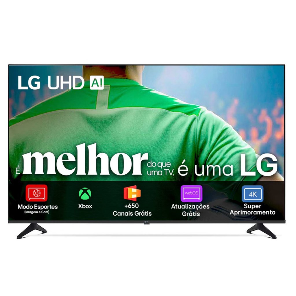 Smart TV LG 43 polegadas 4K UHD modelo 43UA7500PSA exibindo imagem de jogador de futebol e ícones de recursos como Modo Esportes, Xbox e webOS