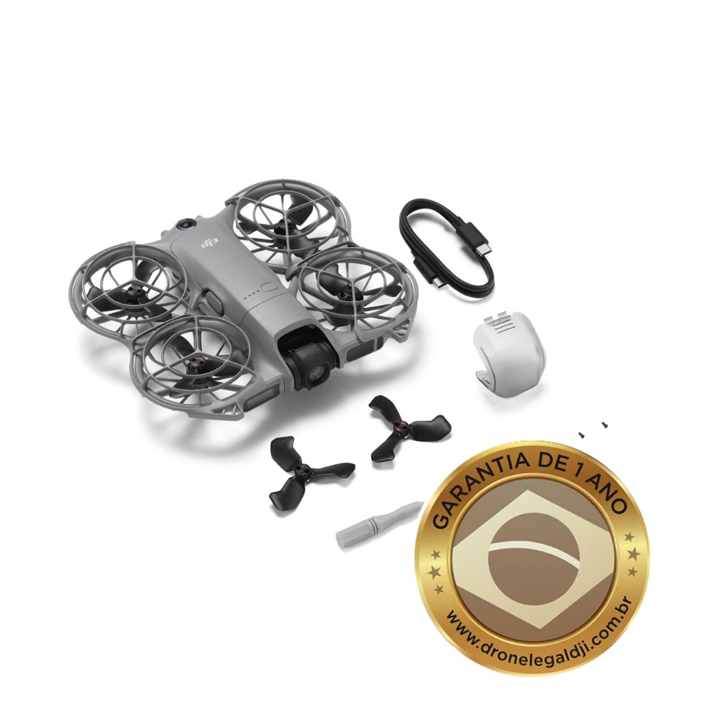Drone DJI Neo 2 na cor cinza com protetores de hélice, acompanhado de uma bateria, cabo USB, hélices extras e ferramenta de manutenção sobre fundo branco