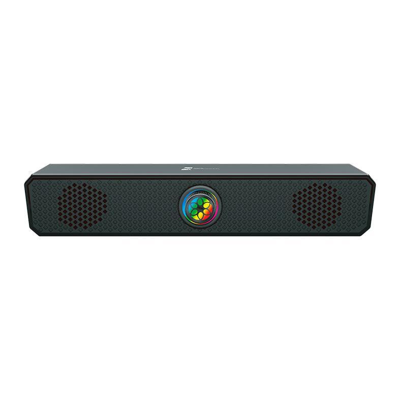 Caixa de som R8 SP04 preta com grade frontal, dois alto-falantes laterais e detalhe circular iluminado com luzes coloridas no centro