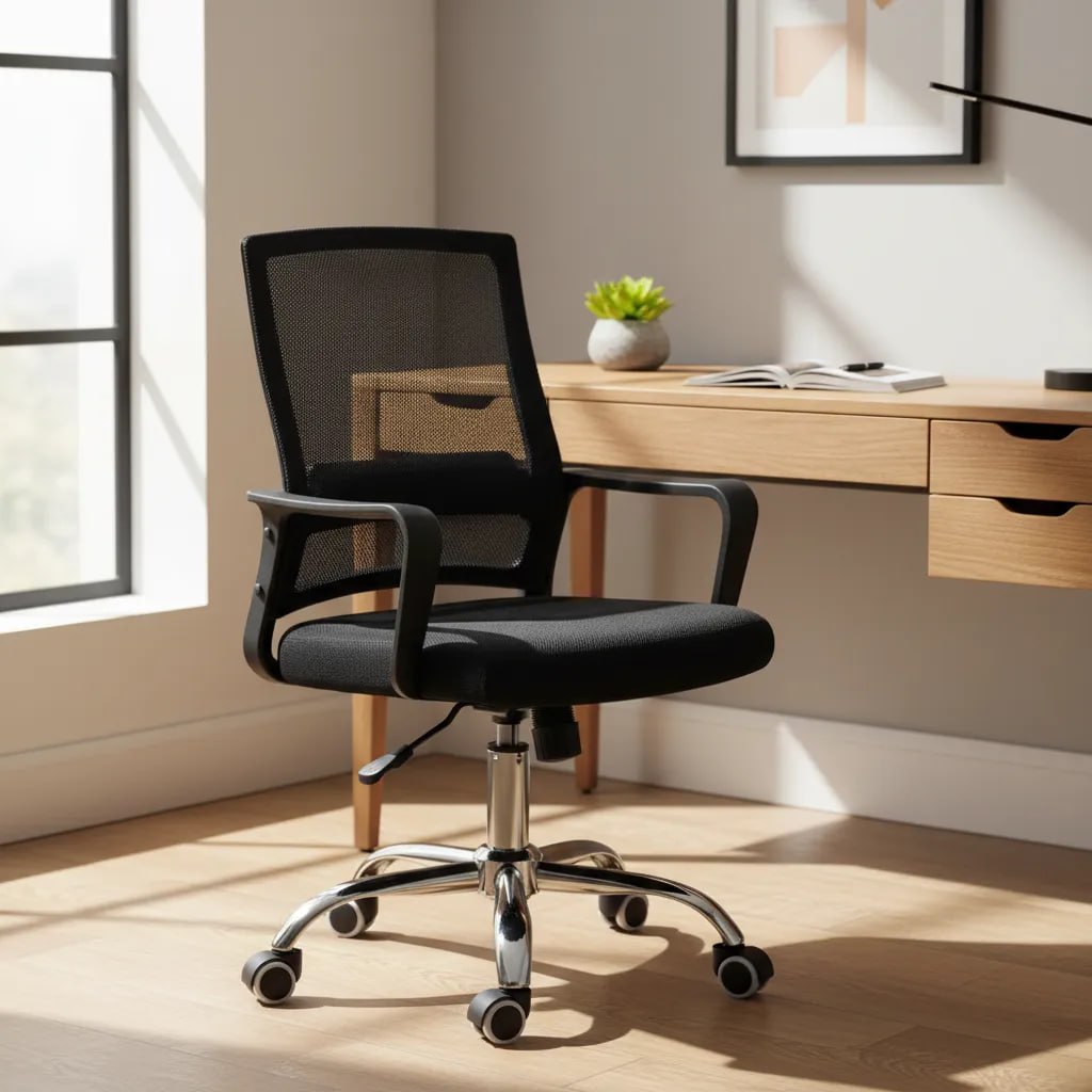 Cadeira de escritório giratória na cor preta com encosto em tela, base cromada com rodízios e ajuste de altura, posicionada em um home office com mesa de madeira.