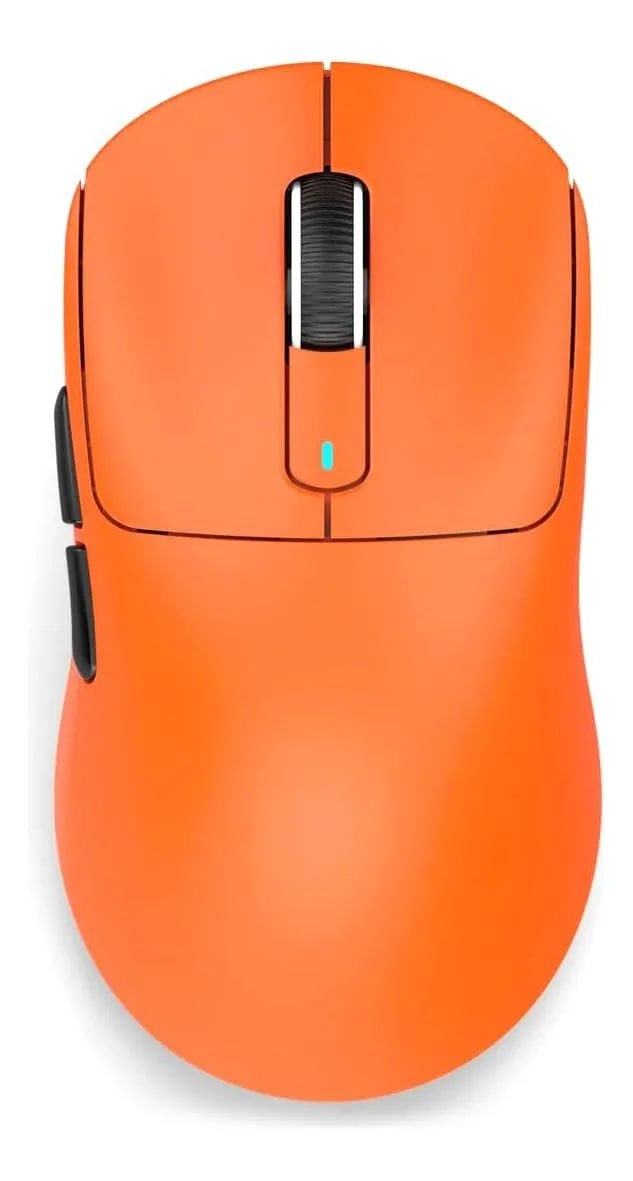 Mouse gamer sem fio Attack Shark X3 na cor laranja, visto de cima, com scroll central e botões laterais visíveis.