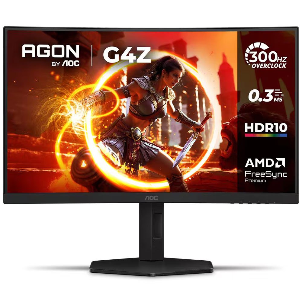 Monitor gamer AOC Agon C27G4Z de 27 polegadas exibindo uma personagem de jogo em destaque com informações de 300Hz, 0.3ms, HDR10 e AMD FreeSync Premium na tela.