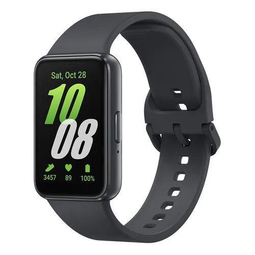 Smartwatch Samsung Galaxy Fit3 na cor grafite com tela ligada exibindo data, hora, contagem de passos, frequência cardíaca e nível de bateria