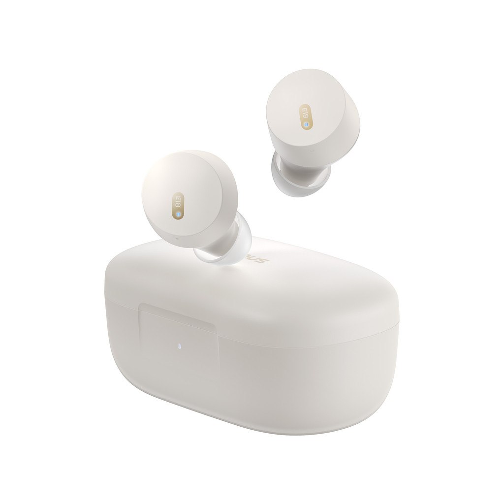 Par de fones de ouvido intra-auriculares sem fio Baseus Bowie E18 na cor branca, posicionados acima de seu estojo de carregamento aberto.