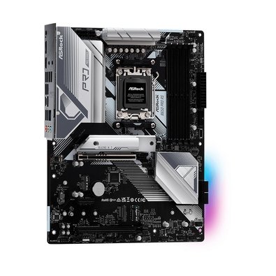 Placa-mãe ASRock B650 Pro RS com dissipadores prateados, socket AM5 e slots de memória DDR5 em fundo branco