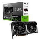 Placa de vídeo Asus Dual Nvidia GeForce RTX 5060 Ti com dois ventiladores pretos e caixa do produto ao fundo