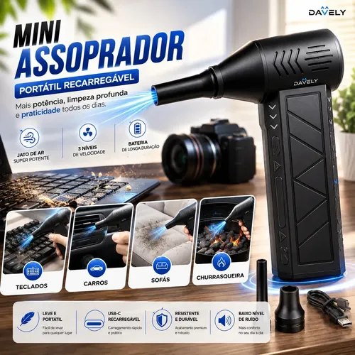 Mini soprador de ar portátil da marca Davely na cor preta, exibindo bocal de saída de ar, botões de controle lateral e acessórios inclusos sobre uma mesa de madeira.