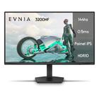 Monitor Gamer Philips Evnia de 23,8 polegadas com tela exibindo imagem de jogo, suporte de mesa e especificações técnicas na lateral direita