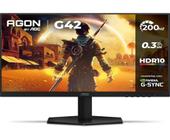Monitor Gamer AOC 23.8 polegadas com tela exibindo arte de jogo, bordas finas, base preta e ícones de especificações 200Hz, 0.3ms, HDR10 e G-Sync na lateral direita