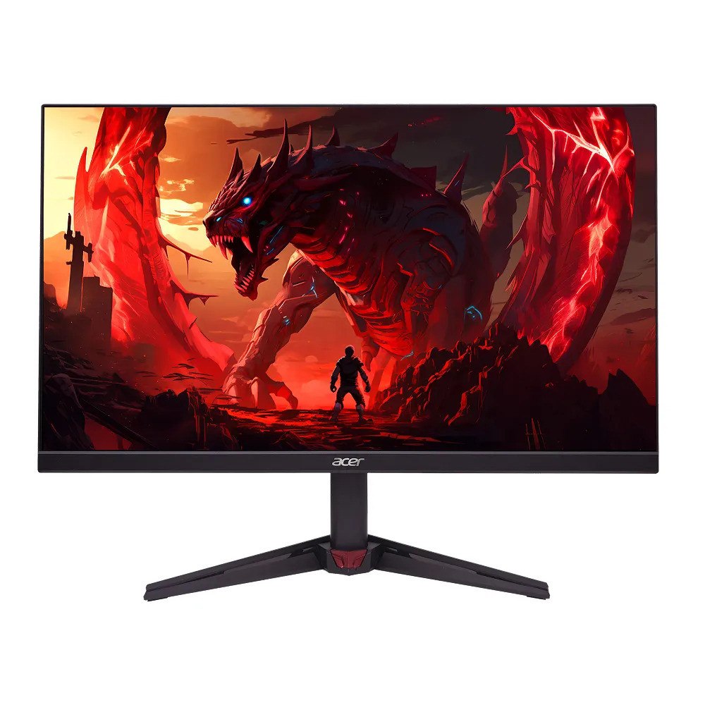 Monitor Gamer Acer Nitro de 23,8 polegadas com painel IPS exibindo uma arte de dragão vermelho em fundo escuro