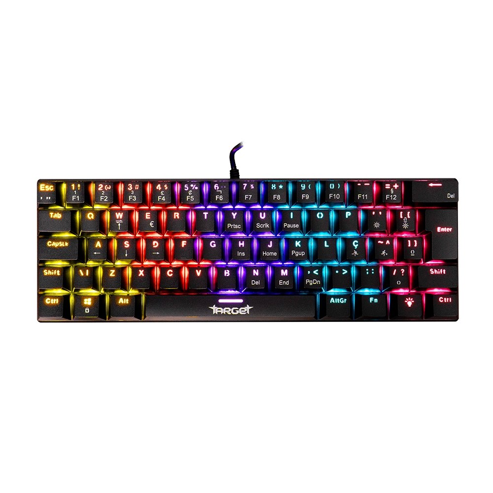 Teclado mecânico TGT Sherman V3 com layout compacto, teclas pretas e iluminação RGB colorida em fundo branco