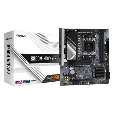 Placa-mãe ASRock B650M-HDV/M.2 na cor preta ao lado de sua caixa original com detalhes em branco
