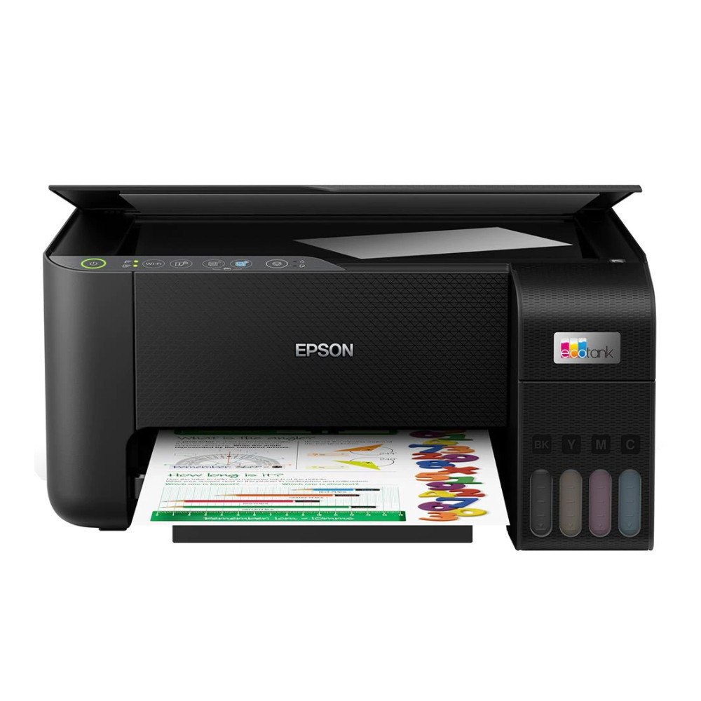 Impressora multifuncional Epson EcoTank L3250 na cor preta com painel de controle superior e tanques de tinta visíveis na lateral frontal