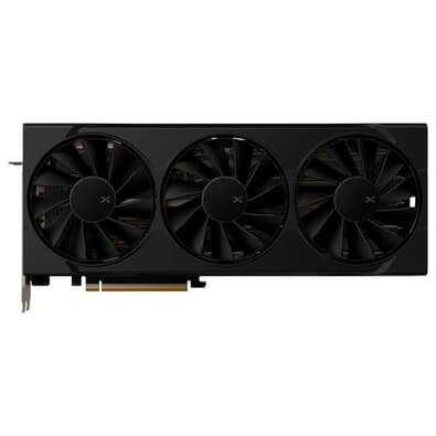 Placa de vídeo XFX Swift RX 9070 XT com sistema de resfriamento de três ventoinhas pretas e design robusto