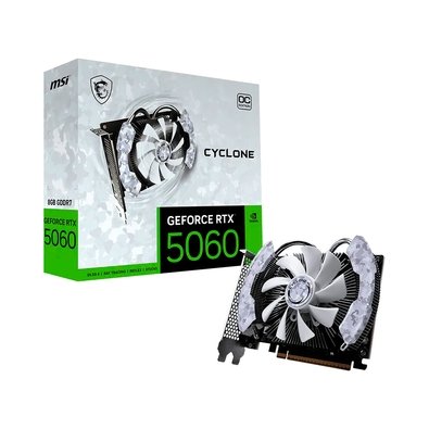 Placa de vídeo MSI RTX 5060 Cyclone OC com ventoinha central branca e caixa do produto ao fundo