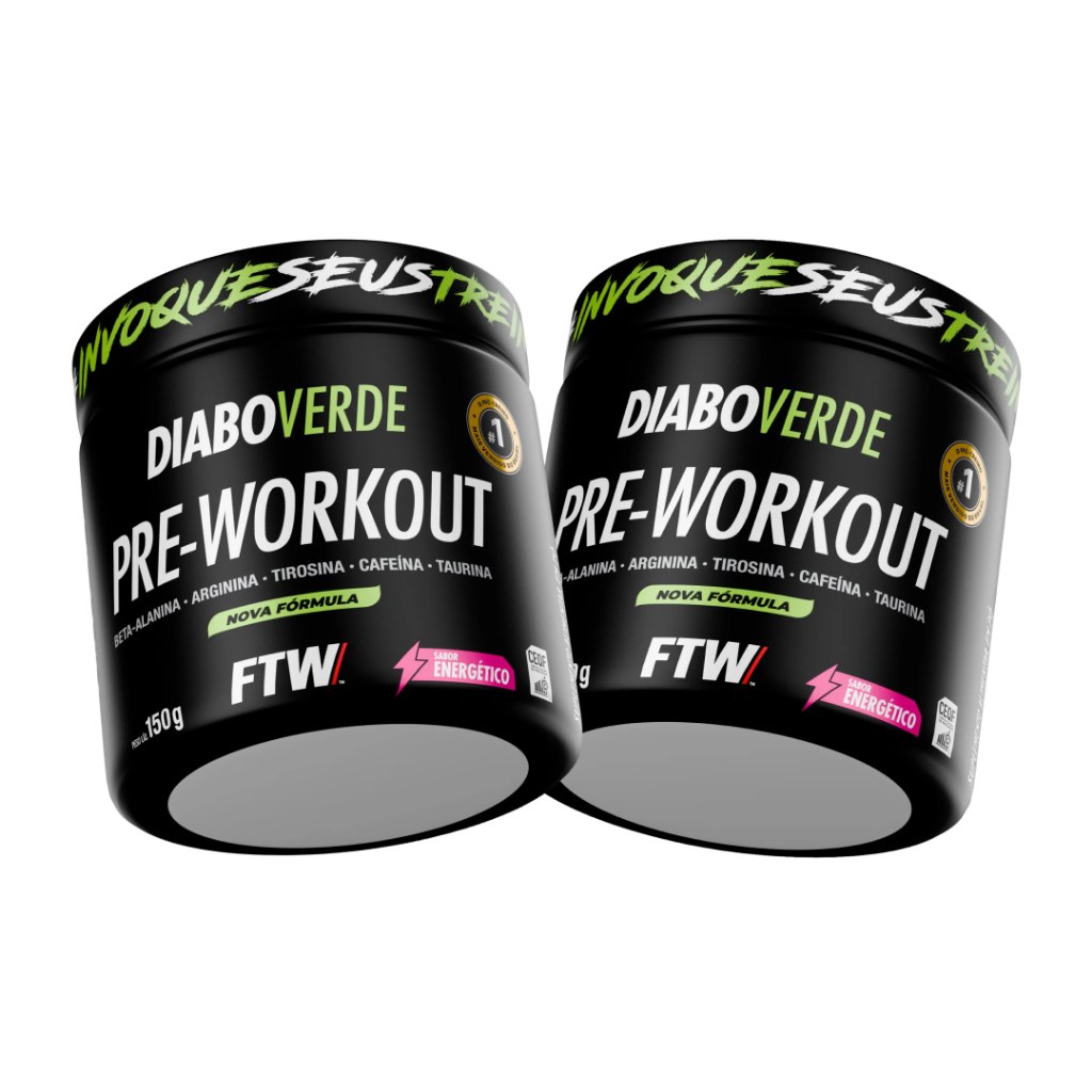 Duas embalagens pretas de suplemento pré-treino Diabo Verde FTW de 150g cada, com rótulo destacando os ingredientes e sabor energético.