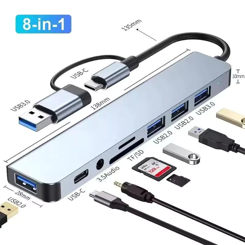 Hub USB C 8 em 1 BOMBOM com Leitor de Cartao SD/TF e USB 3.0