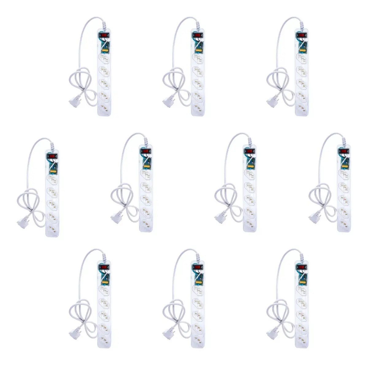 Conjunto de 10 filtros de linha iClamper Energia 5 na cor transparente, cada um com 5 tomadas e cabo de força branco, dispostos em grade sobre fundo branco.
