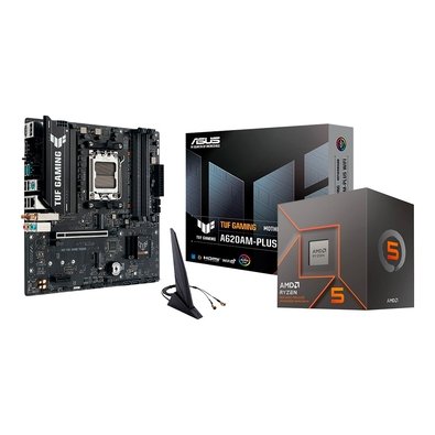 Kit de upgrade contendo um processador AMD Ryzen 5 8500G em sua caixa, uma placa-mãe ASUS TUF Gaming A620AM-PLUS WIFI e uma antena Wi-Fi externa.