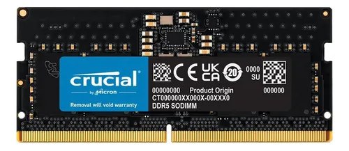 Módulo de memória RAM Crucial 8GB DDR5 4800MHz SODIMM para notebook com placa de circuito preta e etiqueta azul