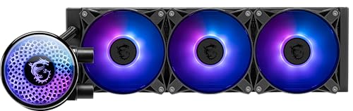 Water Cooler MSI MAG Coreliquid A12 de 360mm com três ventoinhas ARGB e bloco de bomba iluminado na cor preta