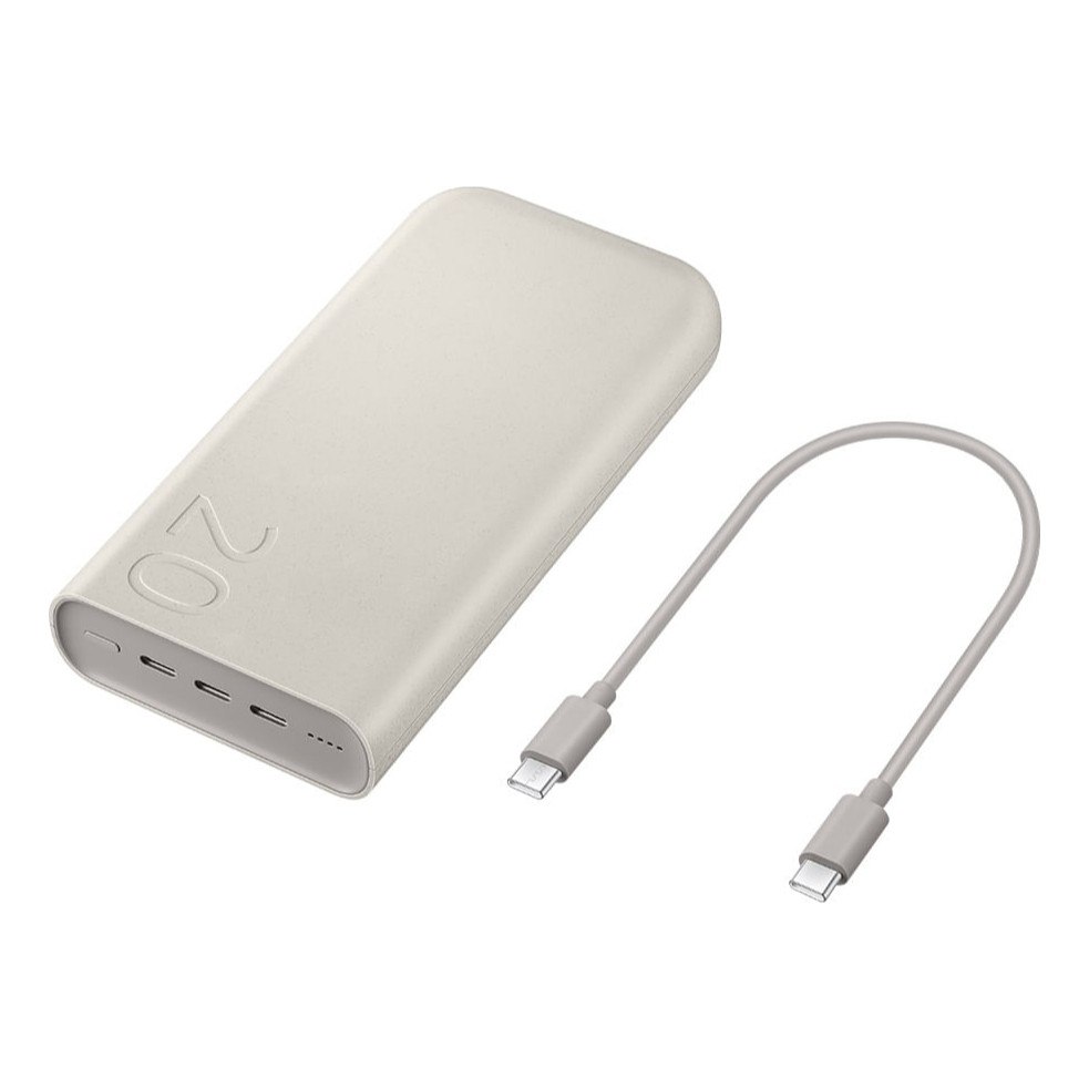 Carregador portátil Samsung bege de 20000mAh com 45W de potência ao lado de um cabo USB-C