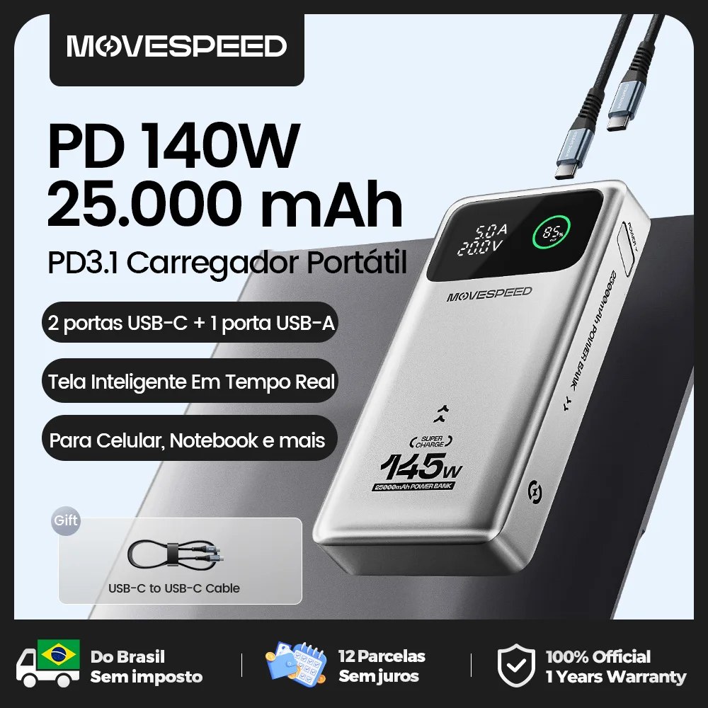 Power Bank MOVESPEED M25Pro prateado com tela digital exibindo voltagem e amperagem, conectado a um cabo USB-C, acompanhado de informações sobre a capacidade de 25000mAh e potência de 140W.