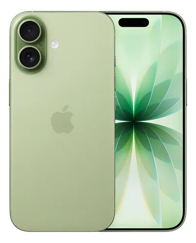 Smartphone iPhone 17 na cor Sálvia exibindo a parte traseira com duas câmeras e a tela frontal com papel de parede floral