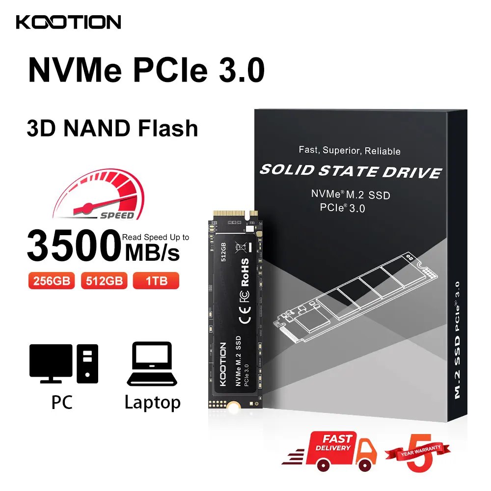 SSD Kootion X15 NVMe M.2 de 2TB com embalagem, destacando a velocidade de leitura de 3500 MB/s e compatibilidade com PC e notebook