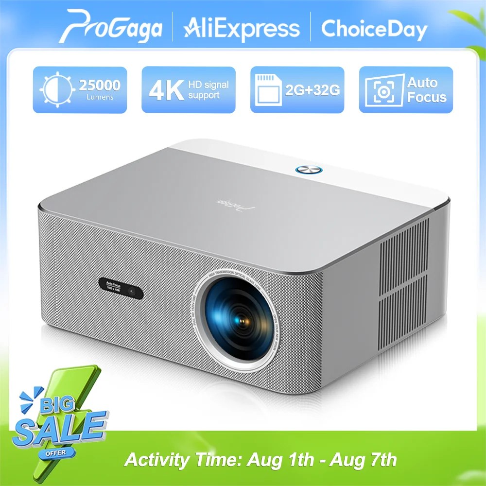 Projetor ProGaga D9W na cor cinza com lente frontal, ícones de especificações técnicas de 25000 lumens, 4K, 2G+32G e foco automático acima do aparelho