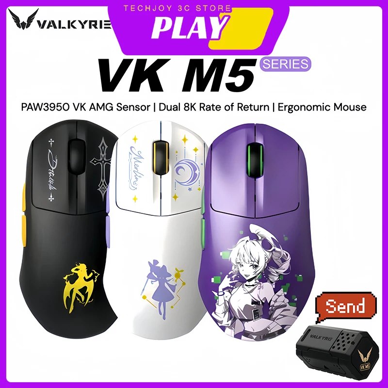 Três mouses gamer Valkyrie VK M5 nas cores preta, branca e roxa, exibindo artes temáticas, acompanhados por um receptor sem fio no canto inferior direito.