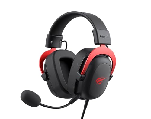 Headset gamer Havit H2002d na cor preta com detalhes em vermelho, apresentando microfone articulado e almofadas auriculares acolchoadas.