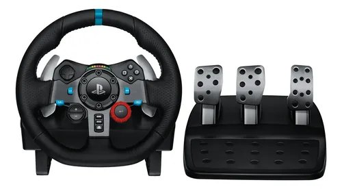 Volante gamer Logitech G29 preto com detalhes em azul e conjunto de três pedais de metal