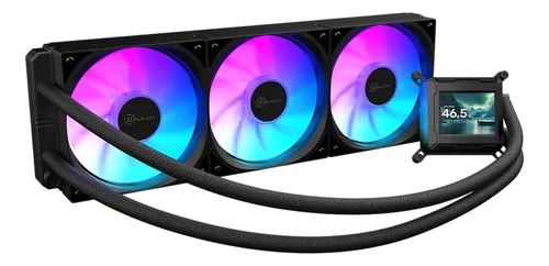 Water Cooler Kalkan Aura 360mm com três ventoinhas ARGB iluminadas e bloco de bomba com tela LCD exibindo temperatura