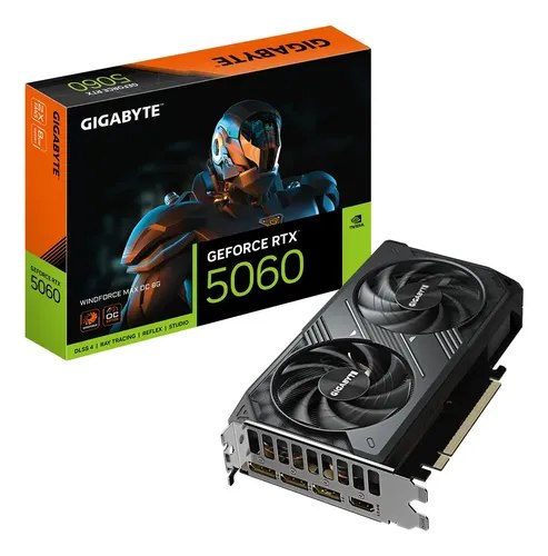 Placa de vídeo Gigabyte GeForce RTX 5060 Windforce OC 8GB ao lado de sua embalagem original