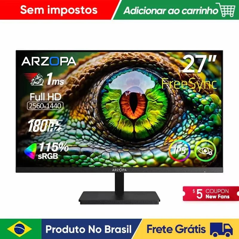 Monitor gamer Arzopa de 27 polegadas com tela exibindo imagem de um olho de réptil, apresentando especificações como 180Hz, 1ms, QHD e 115% sRGB.