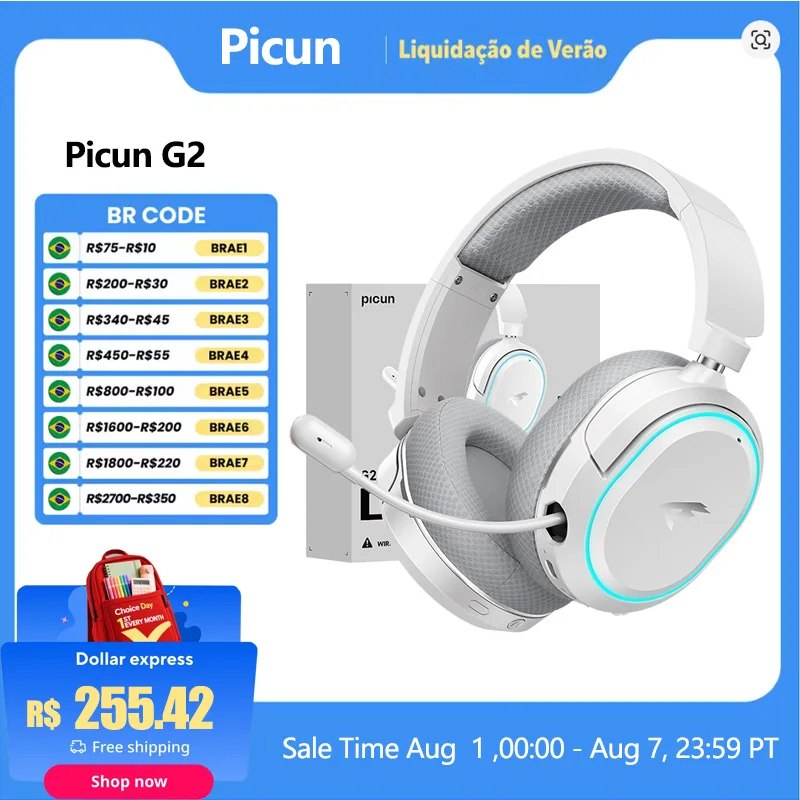 Headset gamer sem fio Picun G2 na cor branca com microfone acoplado e iluminação LED lateral, exibido ao lado de sua embalagem e uma tabela de cupons de desconto.