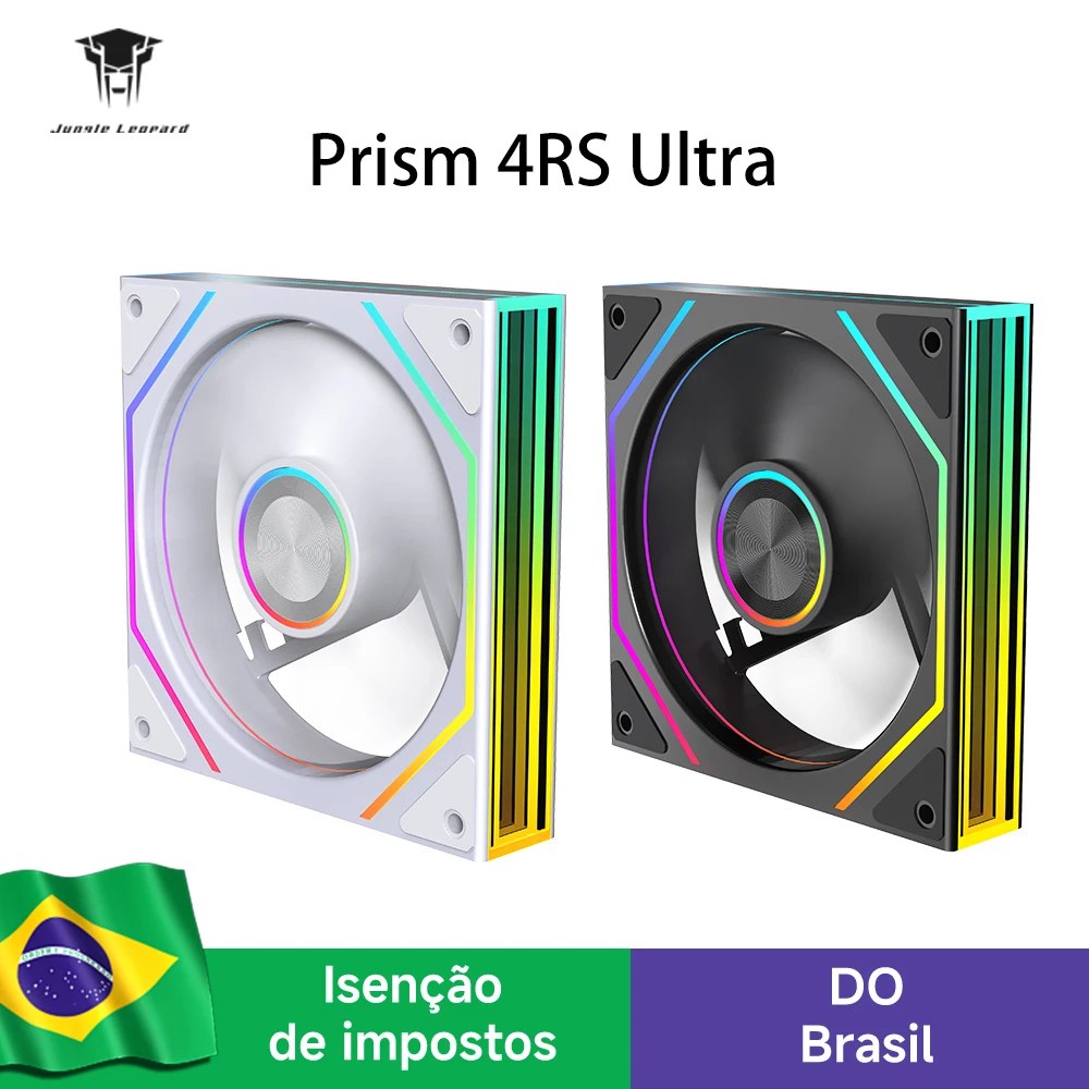 Duas ventoinhas Jungle Leopard Prism 4RS Ultra, uma na cor branca e outra na cor preta, ambas com iluminação RGB, exibidas lado a lado com o logo da marca no topo e bandeira do Brasil na base.