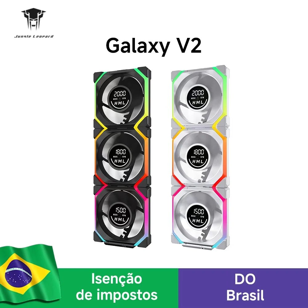 Kit com três ventoinhas Jungle Leopard Galaxy V2 ARGB, exibindo opções nas cores preta e branca com displays digitais mostrando a rotação em RPM.