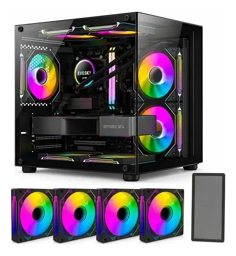 Gabinete gamer Hayom estilo aquário com painéis de vidro, contendo placa-mãe, placa de vídeo GeForce RTX, water cooler Evesky e quatro ventoinhas com iluminação LED RGB instaladas, acompanhado de quatro ventoinhas extras fora da caixa.