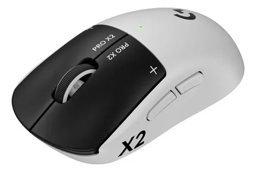 Mouse gamer Logitech G PRO X2 Superstrike Lightspeed na cor branca com detalhes em preto, visto de um ângulo superior lateral