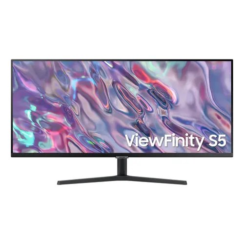 Monitor Samsung ViewFinity S5 de 34 polegadas com tela ultrawide e base preta em fundo branco