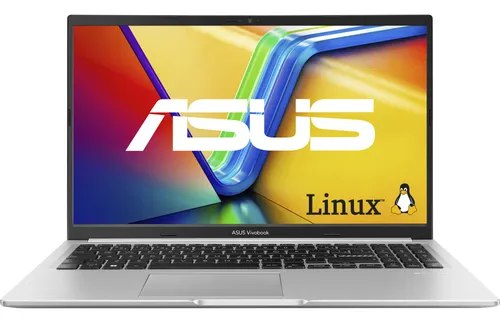 Notebook ASUS Vivobook 15 M1502 aberto na cor prata com tela exibindo o logotipo da ASUS e o ícone do Linux