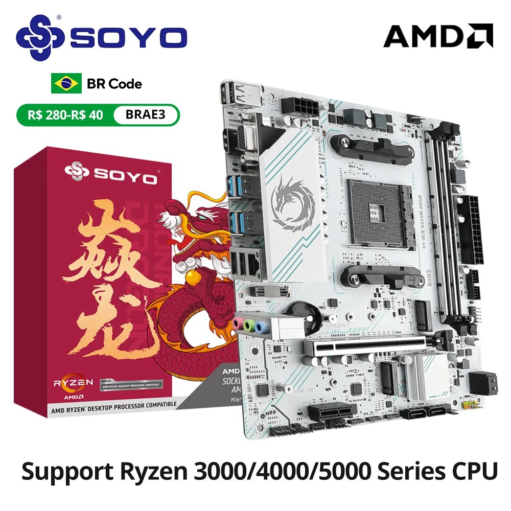 Placa-mãe Soyo B550M Dragon na cor branca com detalhes em azul e caixa temática com estampa de dragão