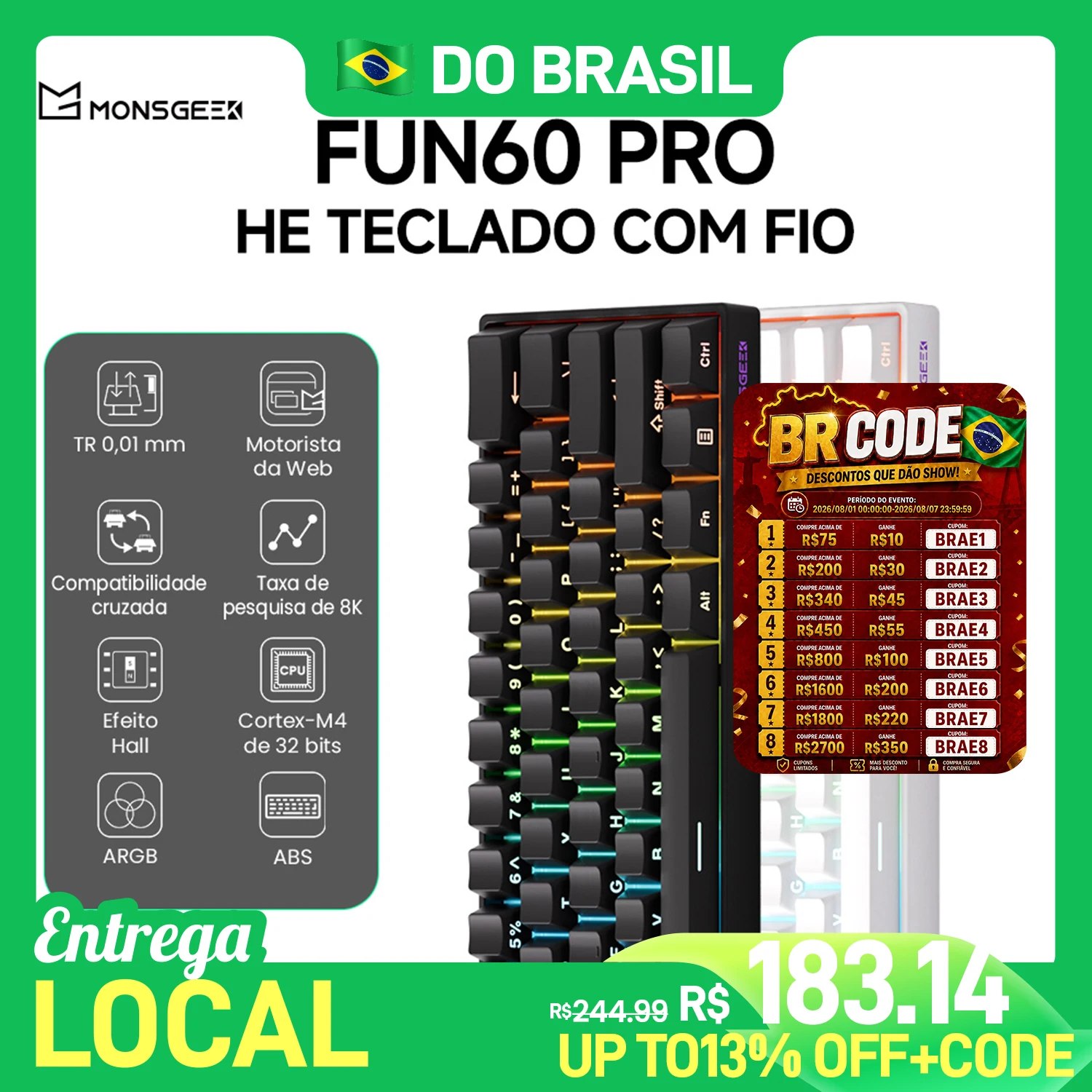 Teclado mecânico MonsGeek Fun60 Pro HE com iluminação RGB, exibindo especificações técnicas como taxa de 8K, efeito Hall e processador Cortex-M4, além de tabela de cupons de desconto BR Code.