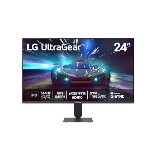Monitor gamer LG UltraGear de 24 polegadas com imagem de carro esportivo na tela e base ajustável preta
