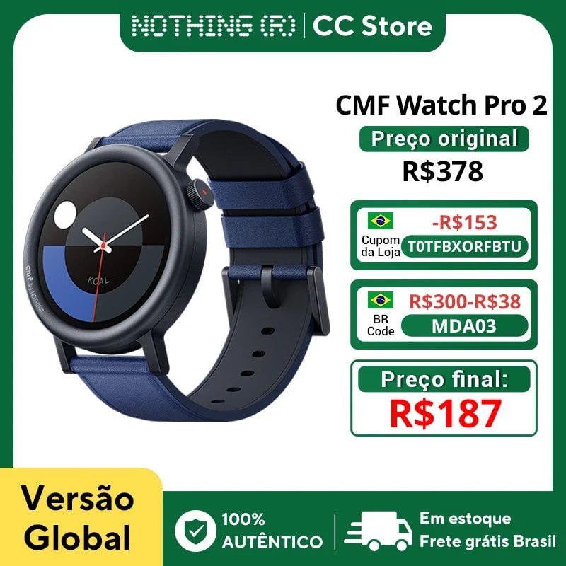 Smartwatch Nothing CMF Watch Pro 2 com caixa circular preta, pulseira azul e mostrador digital exibindo informações de saúde e hora
