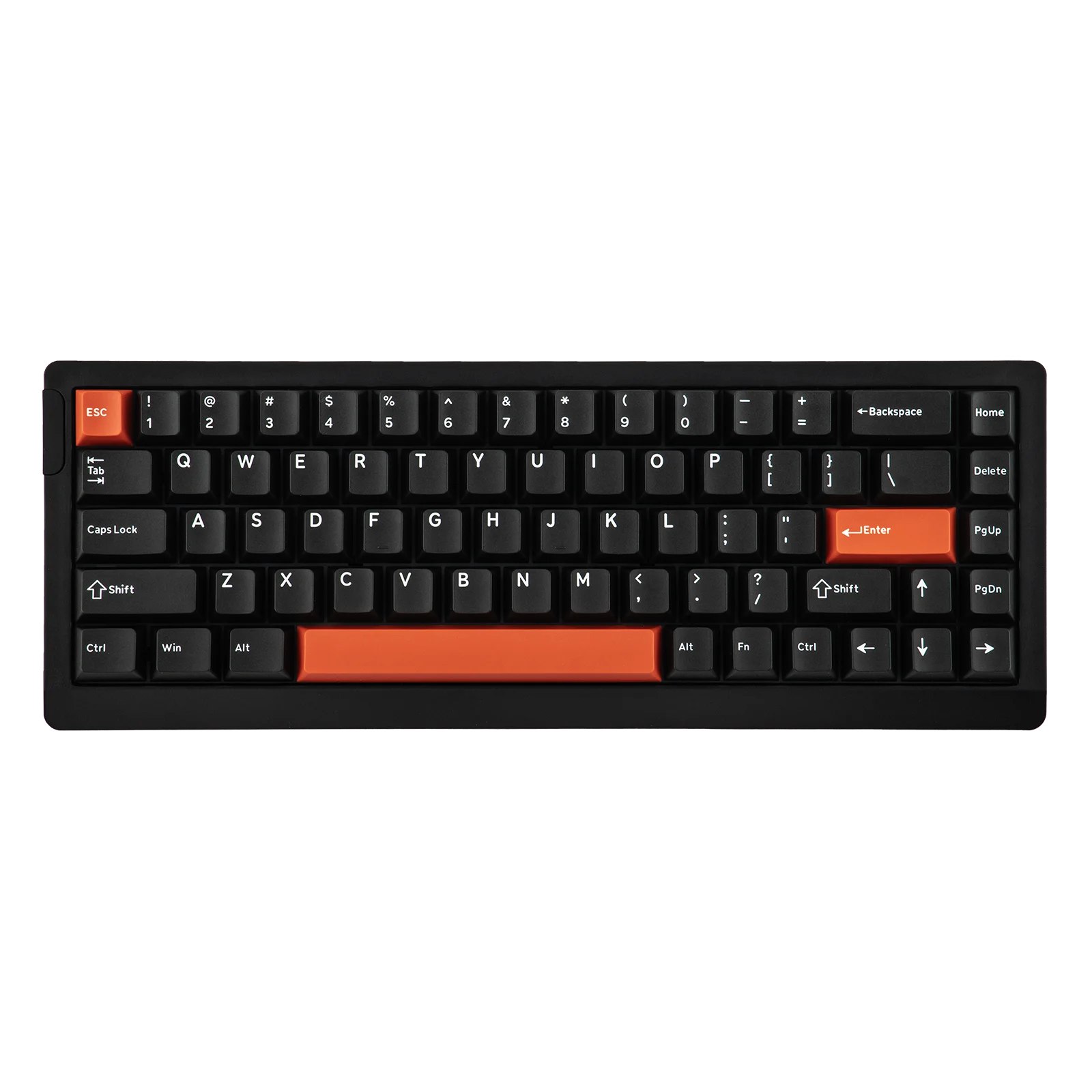 Teclado mecânico Epomaker HE68 Lite formato 65% com teclas pretas e detalhes em laranja nas teclas ESC, Enter e barra de espaço, visto de cima.